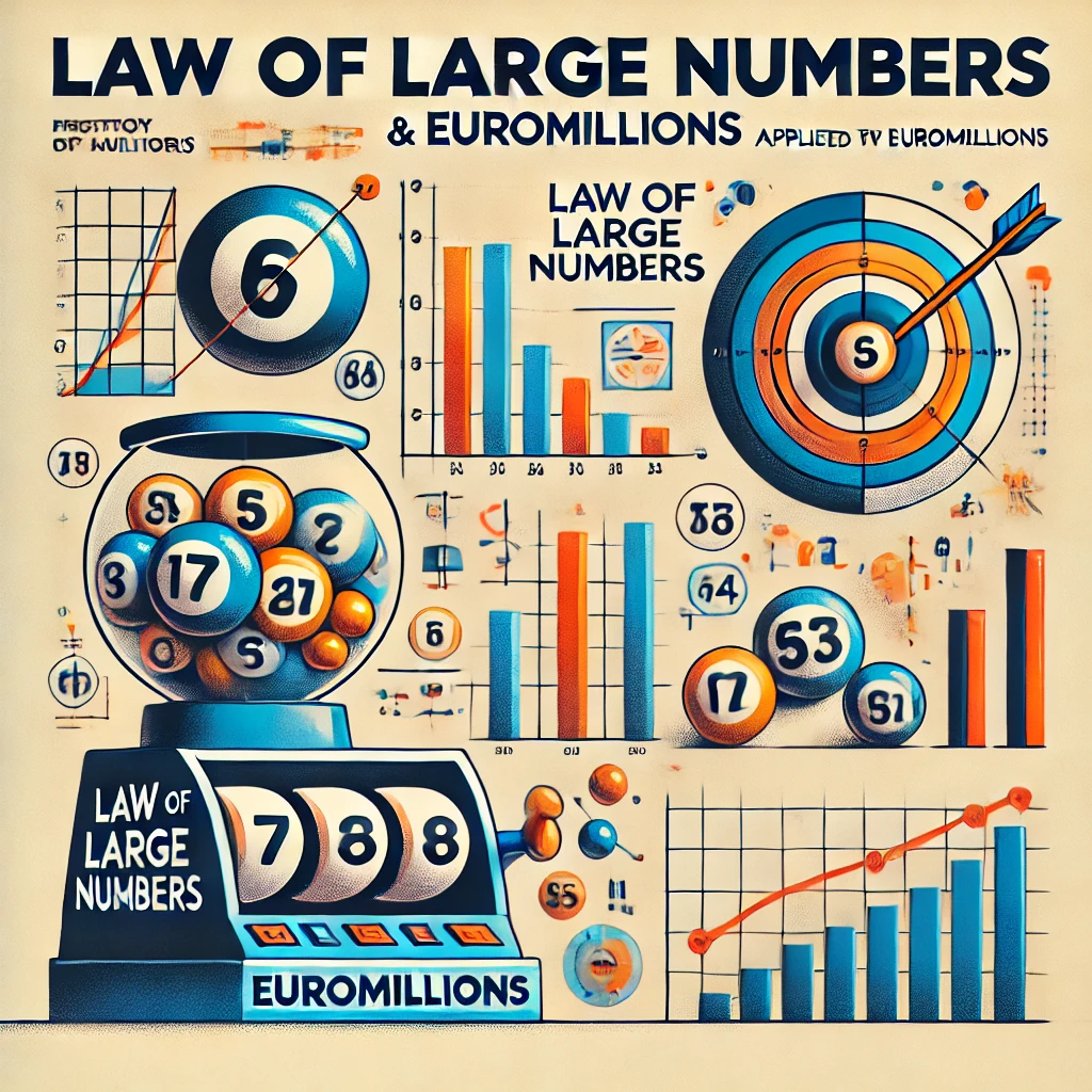 Dall·e 2024 09 28 21.20.27 An Illustration Titled 'law Of Large Numbers And Euromillions'. The Image Should Visually Represent The Concept Of The Law Of Large Numbers Applied To